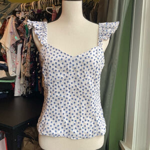 Women's H&M 100A% Linen Top Size M White Blue Polka Dot